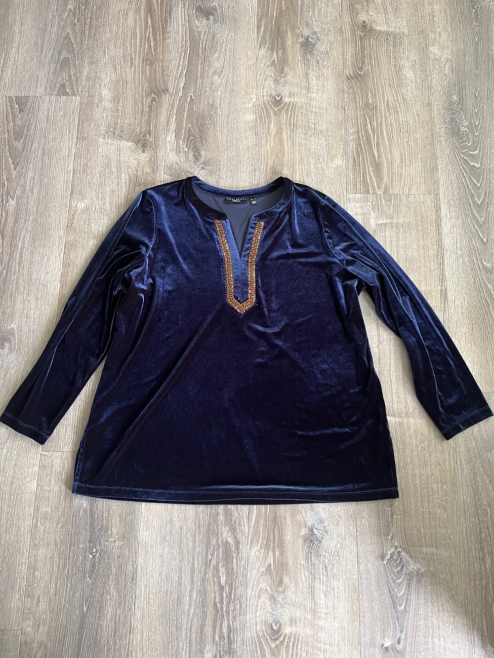 Susan Graver Navy Velvet Tunic with Bronze Trim